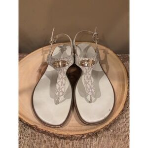 Michael Kors Women's MK Plate Logo Thong Flat Sandal - Vanilla - Canvas Logo 9.5
